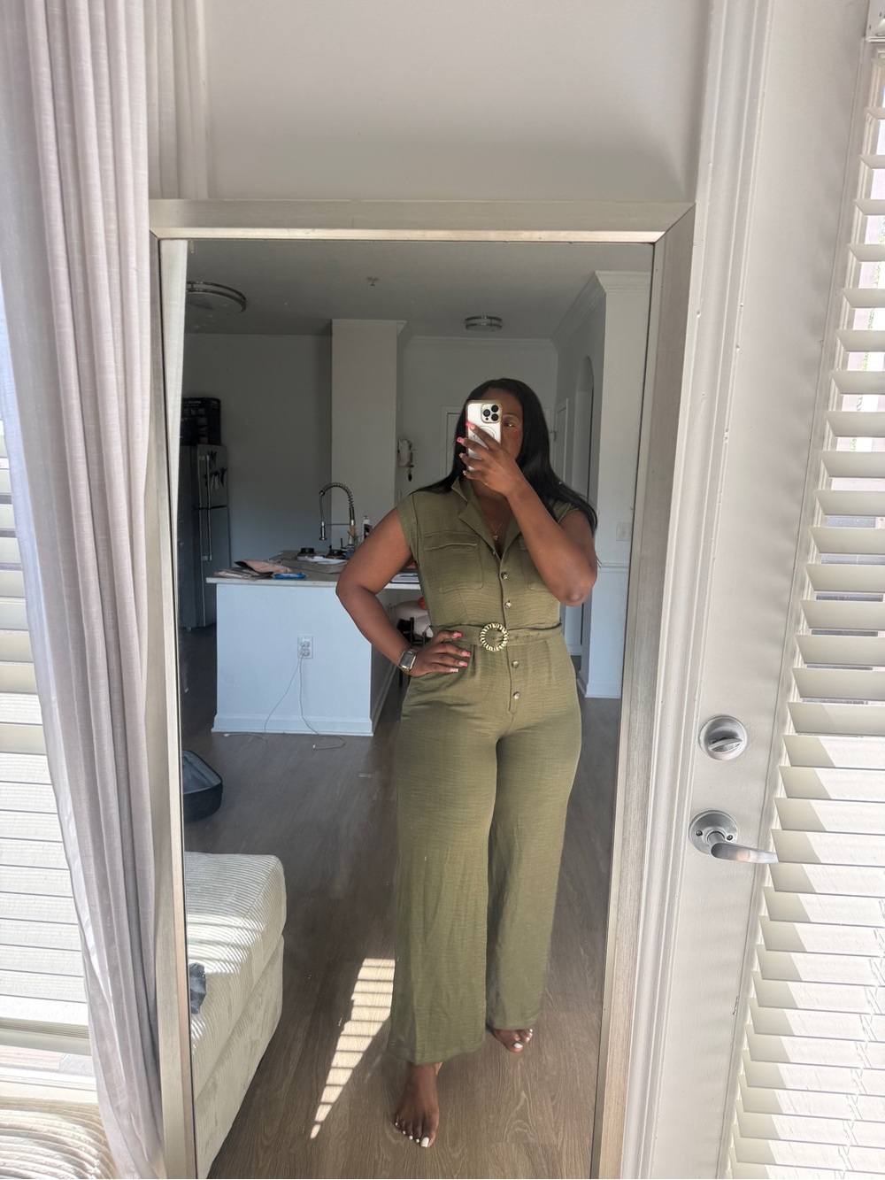 Olive Green Button-Front Jumpsuit with Belt